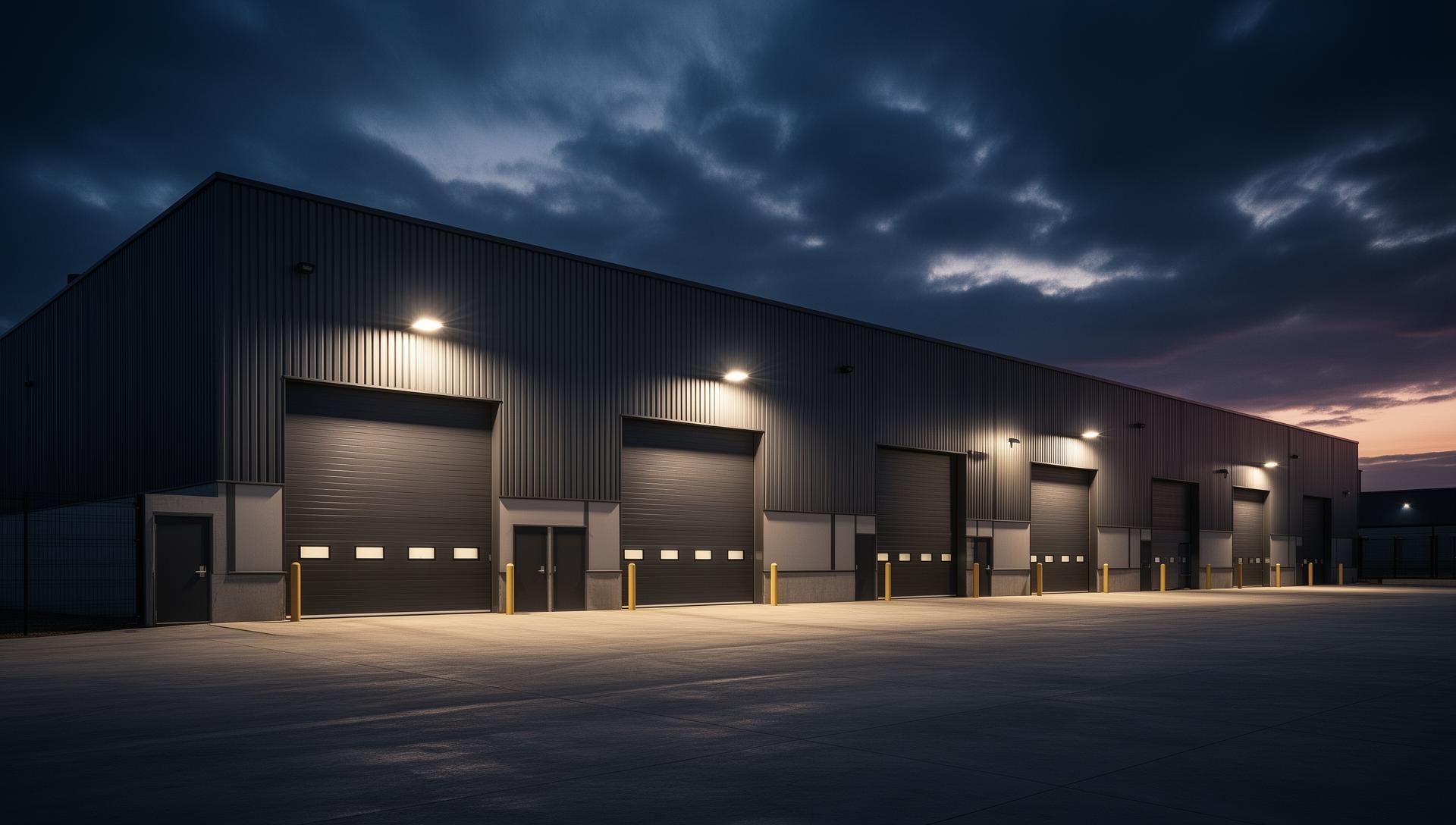 Industrial warehouse at twilight