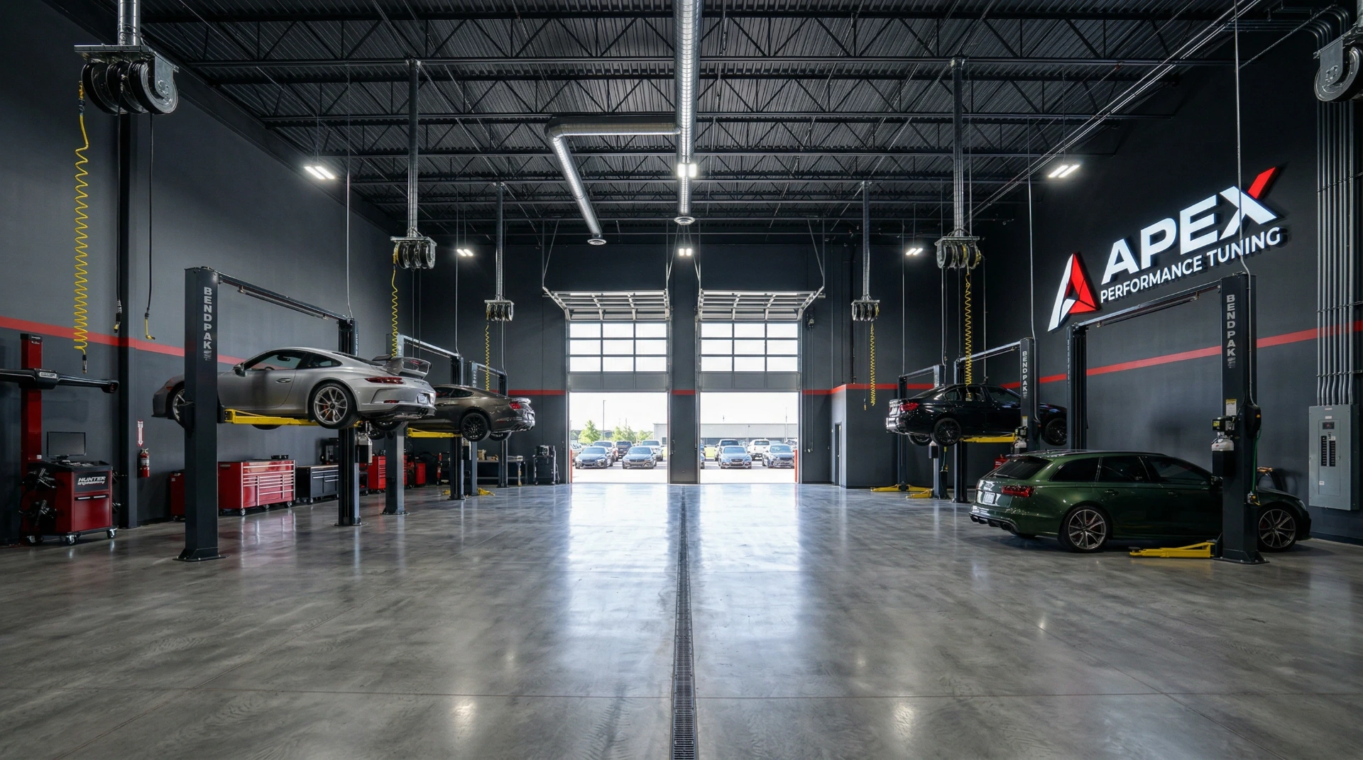 Performance Shops — Main Service Bay: four-lift open bay with polished concrete
