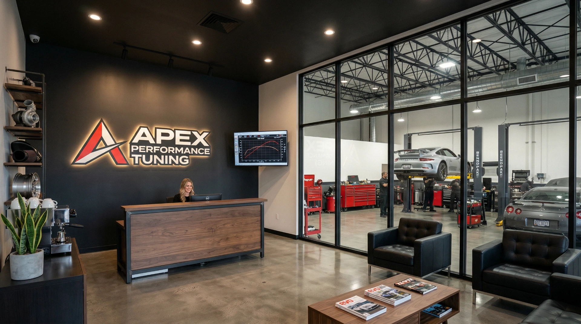 Performance Shops — Customer-Facing Office: glass-walled office overlooking the shop